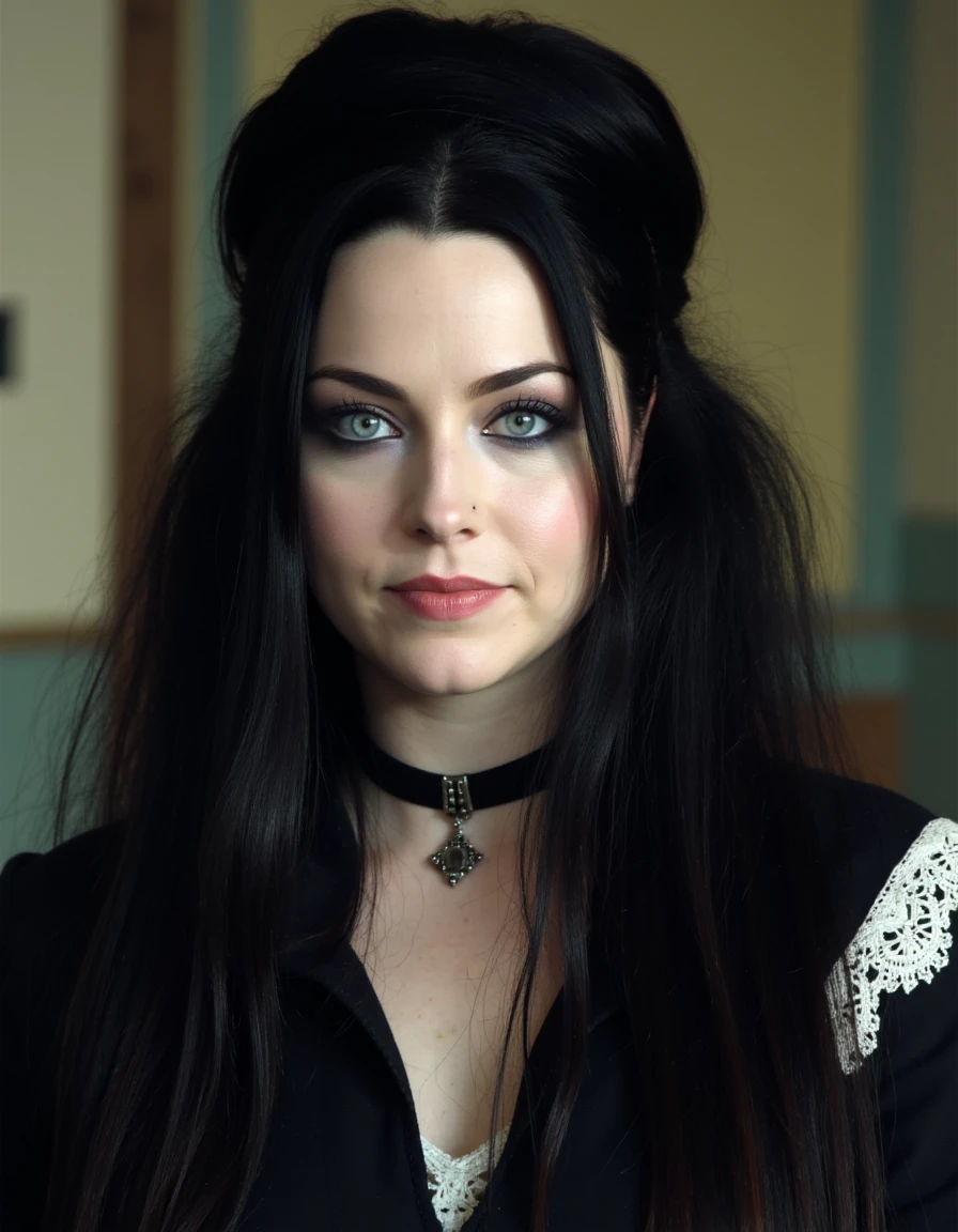 a_lee with long flowing black hair blue eyes wearing victorian  era clothing. She has dark eyeliner and eyeshadow. 
 <lora:AmyLeeFlux-000004:1>