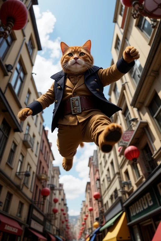 close up of a steampunk cat jumping from a window to another, background is busy steampunk city, digital illustration, concept art, 8k, trending on artstation
<lora:LowAngleViewFLUX-000001:1>