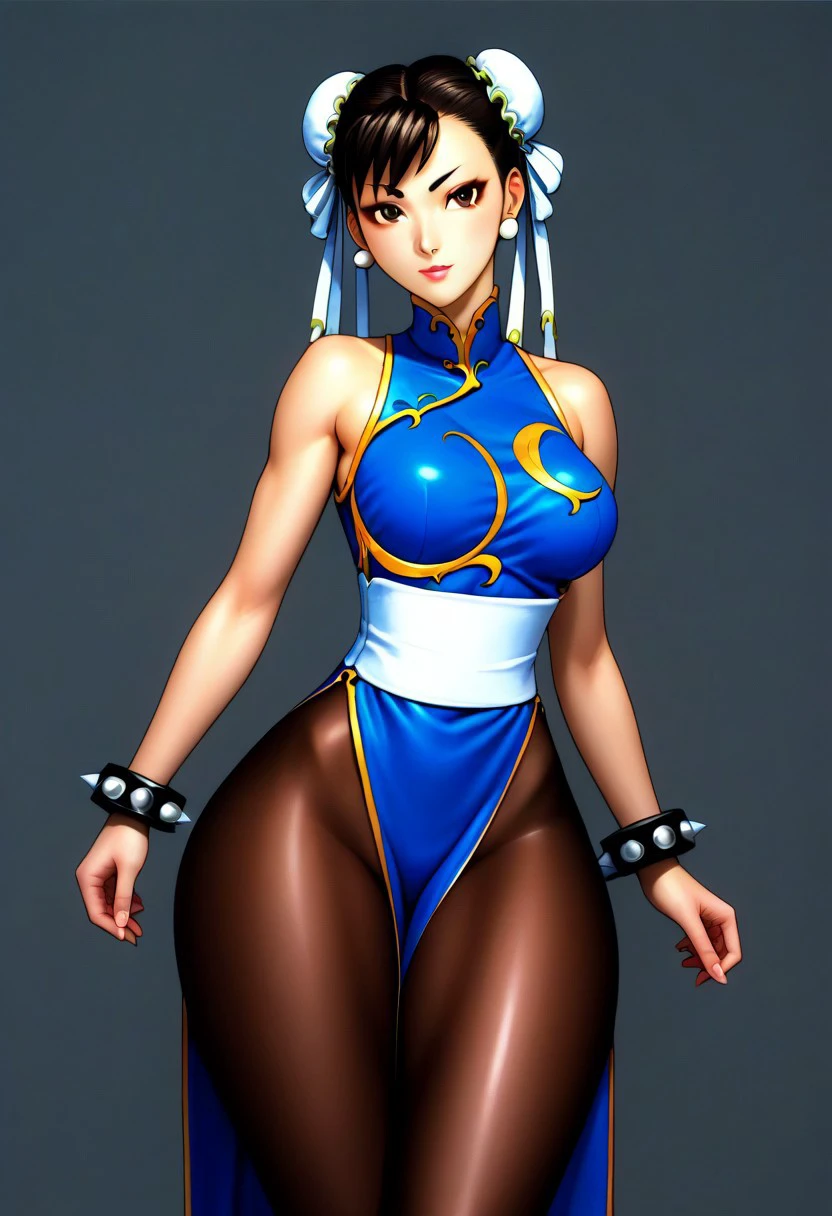 Kenichi Sonoda Styles, detailed, score_9, score_8_up,score_7_up, score_6_up, source_anime, medium breasts, thick thighs, CHUNLISF, brown eyes, double bun, bun cover, qipao, spiked bracelet, pantyhose, ((chun-li)), 1girl, solo