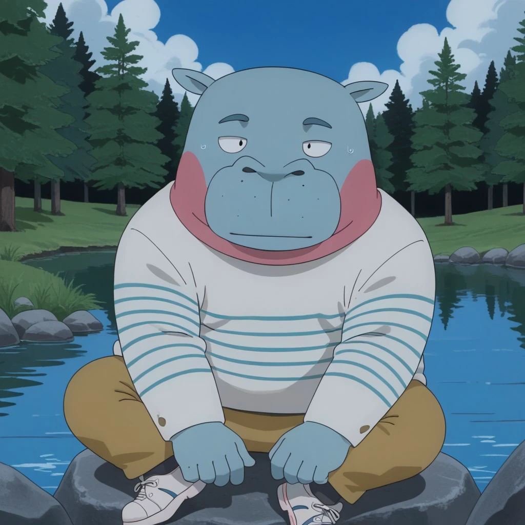 solo, male, blue-skinned hippo, anthropomorphic hippo, round face, droopy eyes, oversized head, striped sweater, loose-fit pants, casual outfit, short legs, white sneakers, minimalistic design, simple clothing, dual-tone skin, blue and pink skin, hippo ears, broad snout, fat, black eyes, 4k, masterpiece, best quality, highly detailed, detail background, happy, sitting on a rock by a river, staring at the water, his legs hanging off the edge, a serene riverbank with trees and flowing water under a cloudy sky.