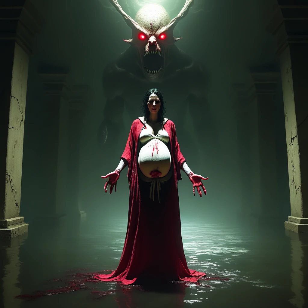 the evil within, random female, pregnant, unknown forces, a protector, thin, a cove of river, robes of power