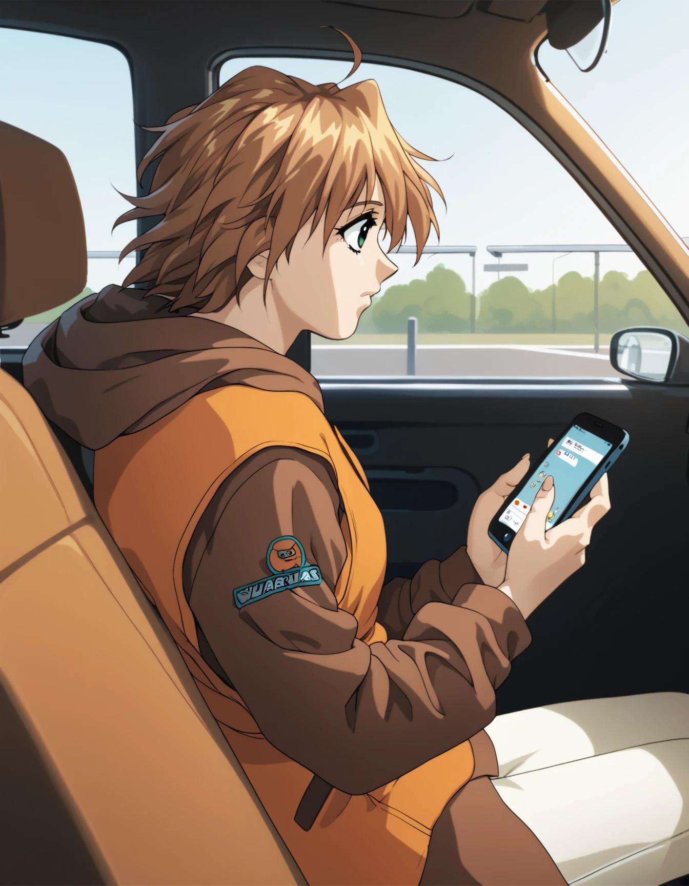 score_9,  score_8_up, score_7_up, <lora:marina-yuka-prodigy-ponyxl-000007:1> yuka, solo, 1girl, sitting, hoodie, orange vest, brown sleeves, car interior, looking at phone, from side