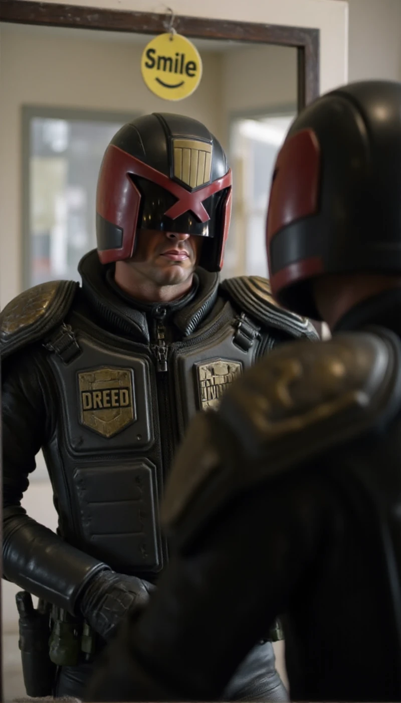 Dreed is a man wearing an helmet and a black uniform. He wears a badge with the text "DREED". He is looking at his reflection in a mirror. A smiley is tagged on the mirror with the text "Smile" <lora:Dredd:0.9>