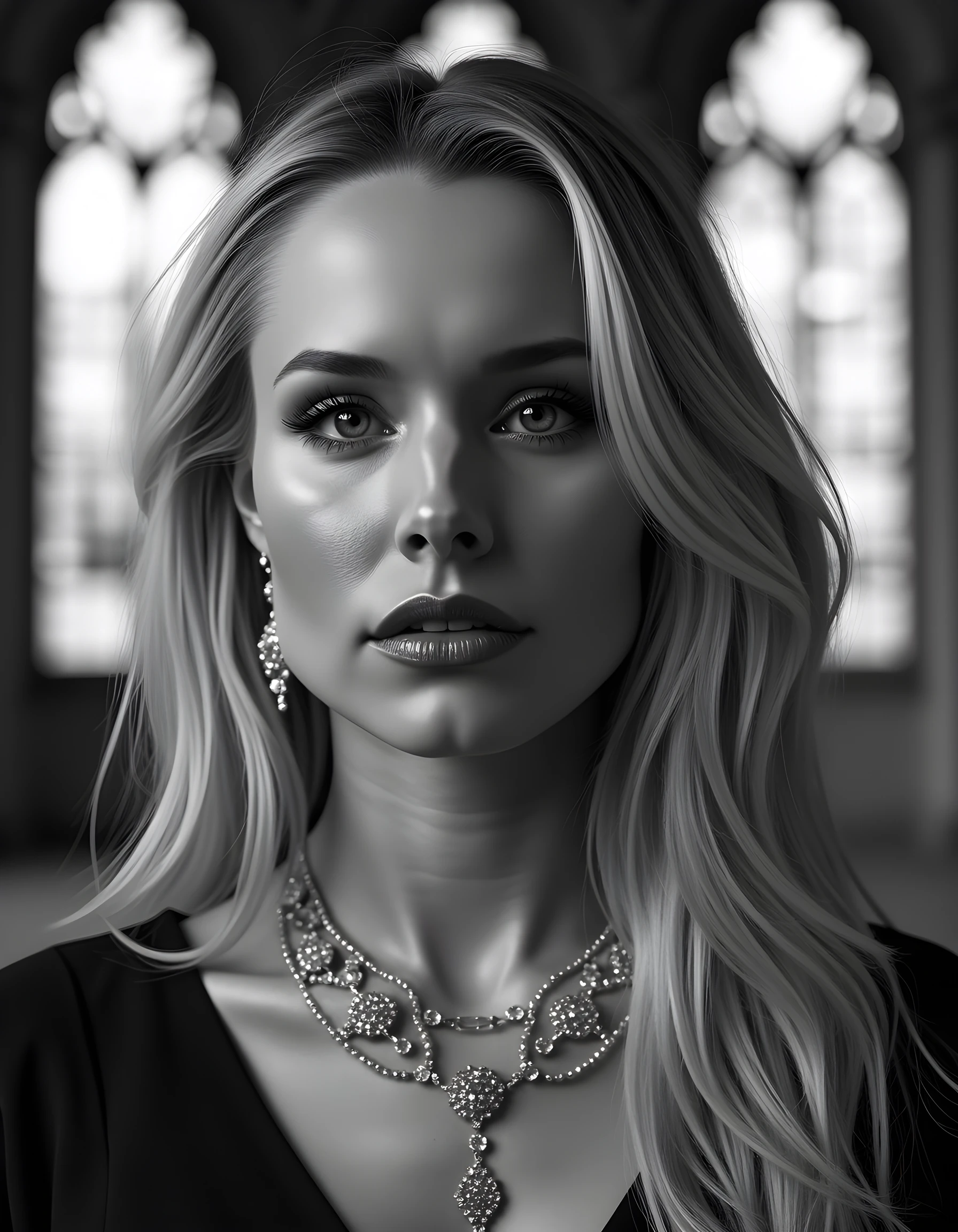 A high-definition, black and white close-up portrait captures KR15T3NB, a striking woman with cascading blonde hair and piercing blue eyes. Her long tresses spill over her shoulder, framing her flawless face adorned with elaborate jewelry that glimmers in the soft, ethereal moonlight filtering through the stained-glass windows of an ancient Gothic cathedral. She gazes directly at the viewer with a captivating expression of mysterious allure, her full, crimson lips slightly parted as if about to speak a secret whispered only for the listener's ears. The emotional tone is one of enigmatic beauty and timeless elegance.