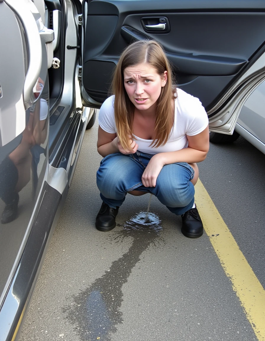 In this candid photo, a woman is squatting down next to a car with its door open, on the passenger side. She's wearing a t-shirt, jeans, and shoes. She squats on the pavement between the car and the curb, with her jeans pulled down, as she pees on the ground. She's looking at the viewer, her lips parted in an expression of embarrassment mixed with relief. <lora:flux_female_pee_v1:1>