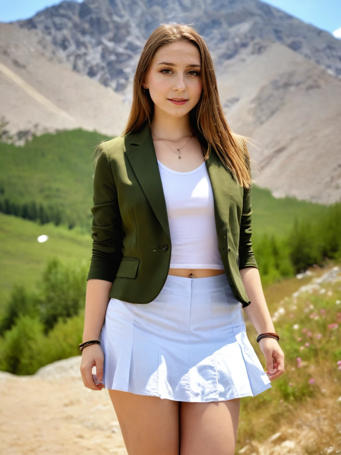 laneygr4y,a woman wearing Casual blazer and cotton skirt, mountains,   <lora:laneygr4y-XL:1>