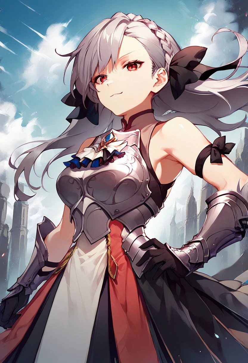 score_9,score_8_up,score_7_up, Shalliceres, Shalliceres_armor, braid, grey hair, 1girl, solo, long hair, floating hair, crown braid, red eyes, black ribbon, bangs, hair bow, hair ribbon, breasts, dress, gloves, black gloves, armor dress, armor, breastplate, sleeveless, bare shoulders, smug face, from below,  hand on hips,