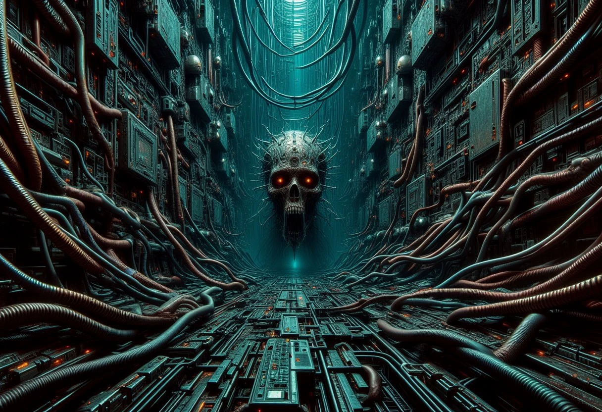 a disturbing reality inspired by H.R. Giger's nightmarish aesthetic on a cyberpunk background of twisted wires and hardware