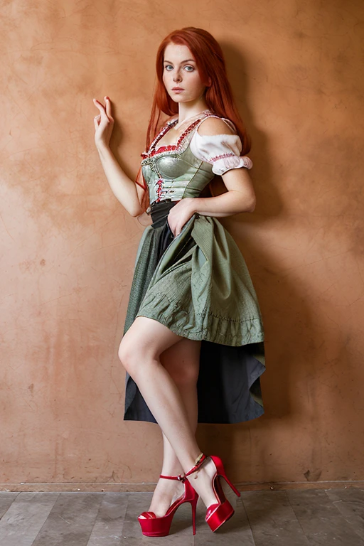 BayrischeMaedels, dirndl, 1girl, photo (medium), high heels, skirt, long hair, looking at viewer, photoshop (medium), jewelry, shoes, against wall, red hair.  <lora:BayrischeMaedels:1>