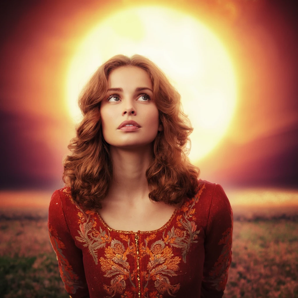 A vivid digital artwork depicts heida_reed with long, wavy, reddish-brown hair, wearing a red top with intricate gold embroidery. She stands in a contemplative pose, her gaze directed upwards, as if deep in thought. The background is a gradient of deep reds and oranges, with a large, glowing moon in the center, casting a radiant glow that illuminates the scene. The artwork's style resembles fantasy art, blending realism and surrealism.