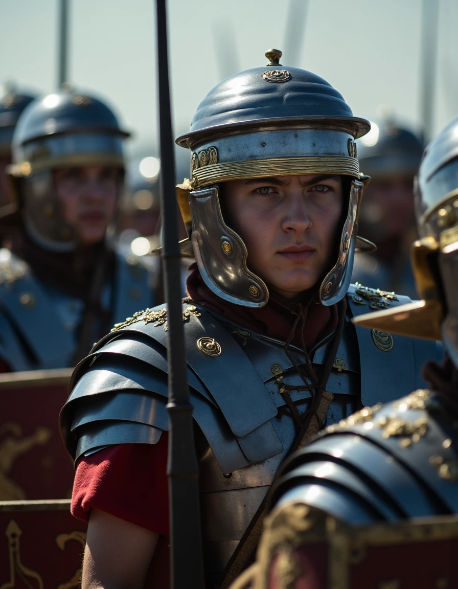 This photograph captures a dramatic scene of ancient warriors, likely from the Roman Empire, engaged in battle. The image features three soldiers, all dressed in traditional  roman legionnaire , with a focus on their intense, battle-ready expressions. The central figure, a young warrior, is prominently featured, wearing a blue crest on his helmet and a red tunic under his armor. He holds a sword in his right hand, with a determined look on his face. His armor is adorned with intricate designs and rivets. To his left, another soldier, partially obscured by the central figure, wears a similar outfit, with a slightly worn expression. His helmet is slightly askew, suggesting he's been in a fight. In the background, the other legionnaire 
are visible, their faces obscured by their helmets and the curvature of their shields. <lora:Roman_Legionnaire:1>, (b&w, Monochromatic, Film Photography:1.3),  Photorealistic, Hyperrealistic, Hyperdetailed, film noir, analog style, soft lighting, subsurface scattering, realistic, heavy shadow, masterpiece, best quality, ultra realistic, 8k, golden ratio, Intricate, High Detail, film photography, soft focus