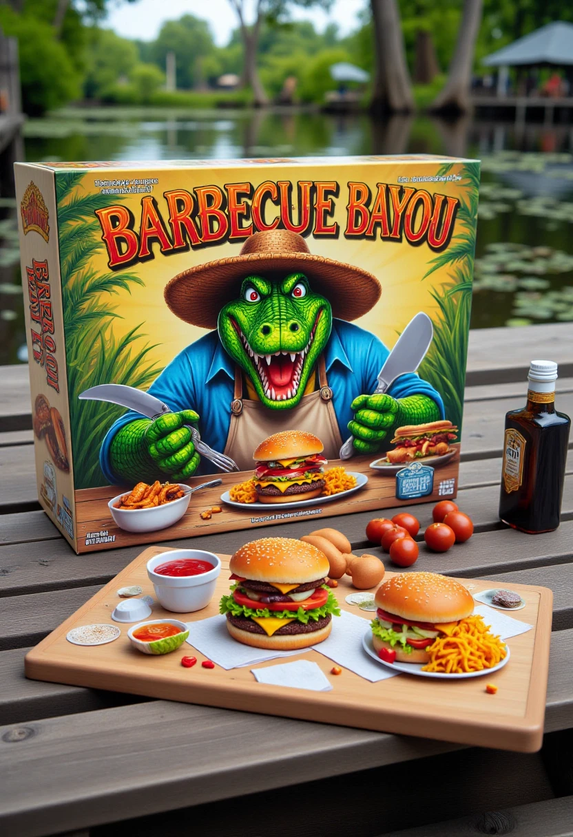 The image is a photograph of a colorful, cartoon-style game box cover for "Barbecue Bayou," a board game. The box features a vivid, playful illustration. Dominating the front is a cartoon alligator chef named Bayou, with a friendly expression, wearing a large, wide-brimmed straw hat, a blue Hawaiian shirt, and an apron. Bayou holds a knife and fork, gesturing towards a delicious-looking burger on a plate in front of him. The burger, shown in detail, includes a sesame seed bun, a juicy patty, lettuce, and a slice of tomato. On the table in front of Bayou, there are two more burgers and a plate of hot dogs, with a variety of sauces and condiments, including ketchup, mustard, and a bottle of hot sauce.
The board game is sitting dockside in a swamp.
 <lora:Board_Game_Boxing_FLUX:0.8>