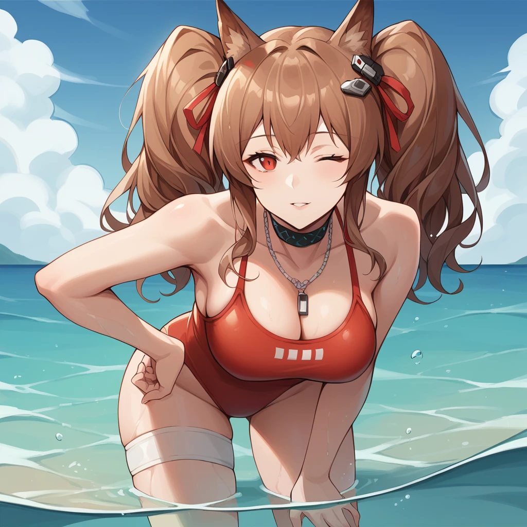 score_9_up, score_8_up, score_7_up, source_anime, 1girl, solo, AngelinaArk, Ang_Swimsuit, wading, hand on chest, wink, looking at you, leaning forward, hand on thigh, seductive, parted lips, face focus, angelina (arknights), choker, fox ears, brown hair, twintails, long hair, red eyes, red swimsuit, red one-piece swimsuit, swimsuit cover-up, see-through, red ribbon, hair ribbon, necklace, cleavage, white thigh strap, mature body, dynamic cowboy shot, outdoors, ocean beach background