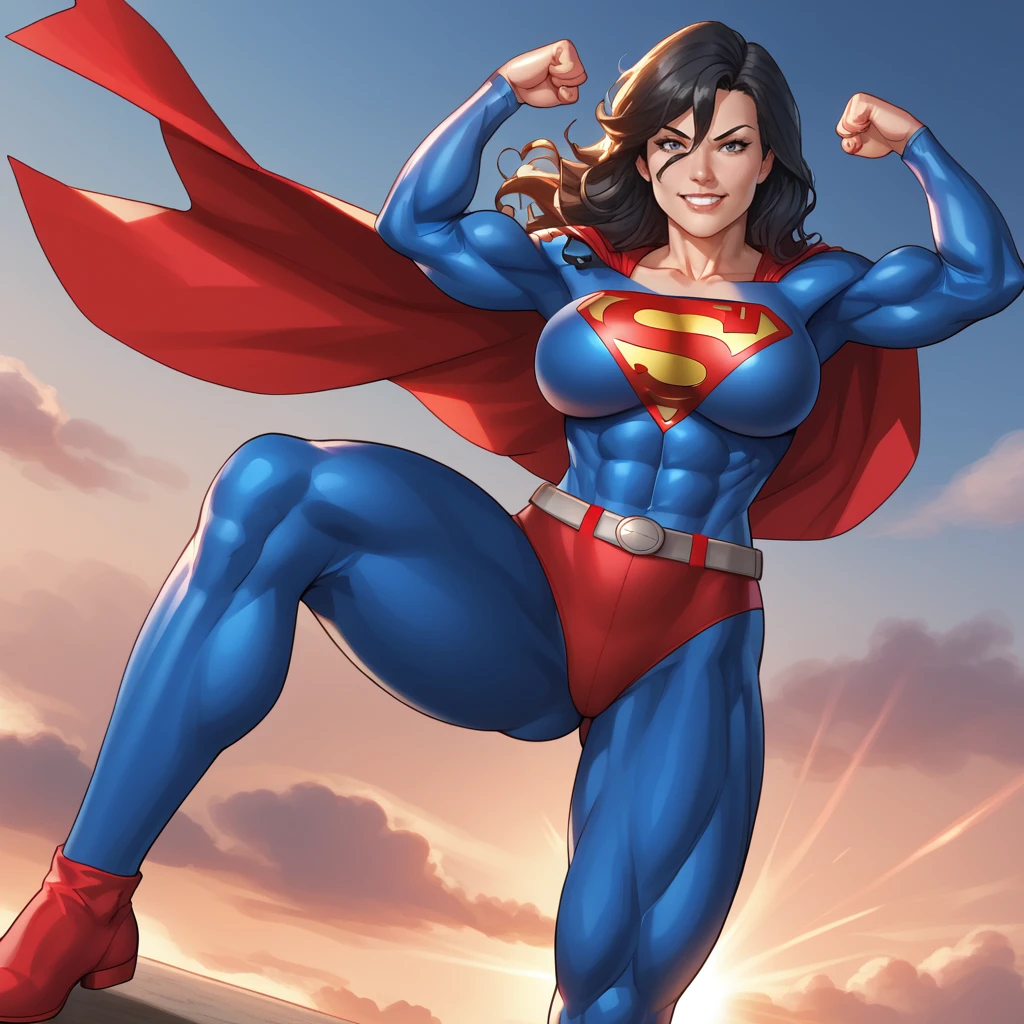 <lora:superwomanfanart_pony_v1:0.8> Superwoman, 1girl, superhero, muscular female, breasts, bodysuit, belt, flexing, abs, hair between eyes, red cape, black long hair