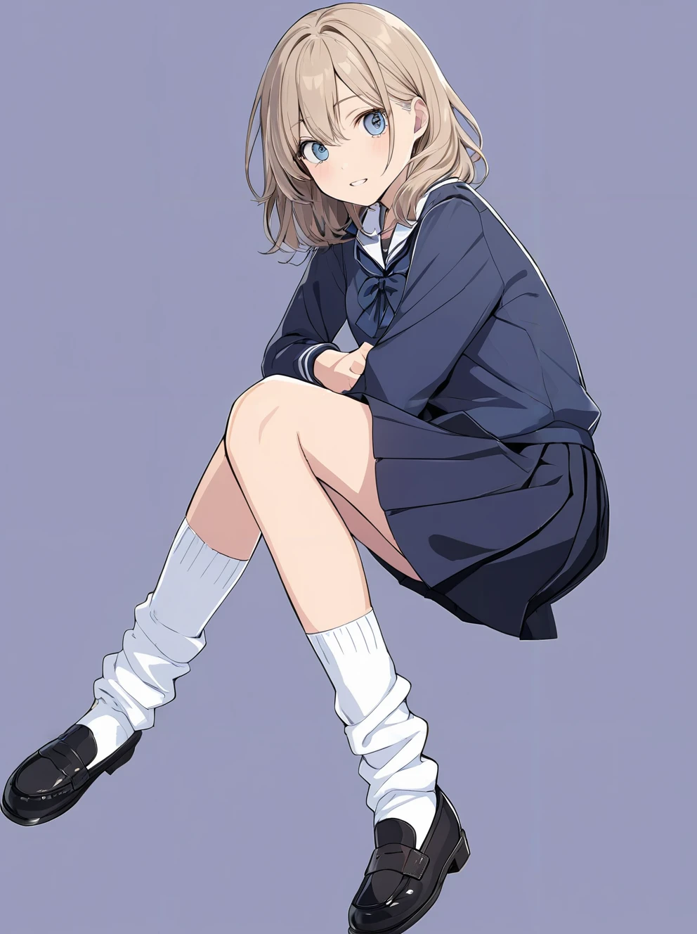 masterpiece,ultra-detailed,best quality,8K,illustration,cute face,clean skin ,shiny hair,girl,ultra-detailed-eyes,simple background, <lora:add-detail-xl:1> <lora:loose socks_XL_V2.0:1> loose socks, school uniform, skirt