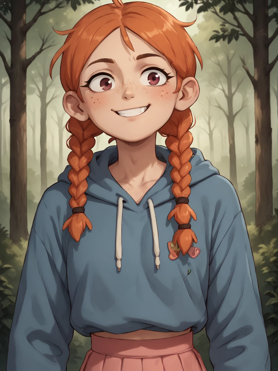 score_9, score_8_up, score_7_up,  score_6_up, BREAK, AmphiMaggie, orange hair, braid, twin braids, freckles, 1girl, solo, smile, long sleeves, pink skirt, pleated skirt, blue hoodie, hood down, upper body, in the forest, looking at viewer <lora:Amphibia_Maggie:1>  <lora:DetailedPerfect_hands_r1:0.6>