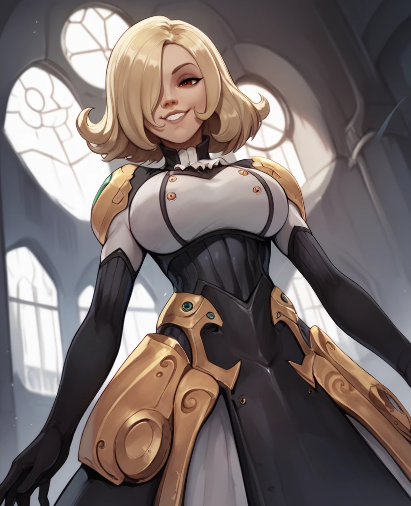 score_9,score_8_up,score_7_up,score_6_up,
phoebexl,red eyes,blonde hair,medium hair,hair over one eye,smug,
dress,gloves,from below, large breasts, 
smile,looking at viewer,
indoors,solo,
science fiction,castle,<lora:PhoebeXL:1>,