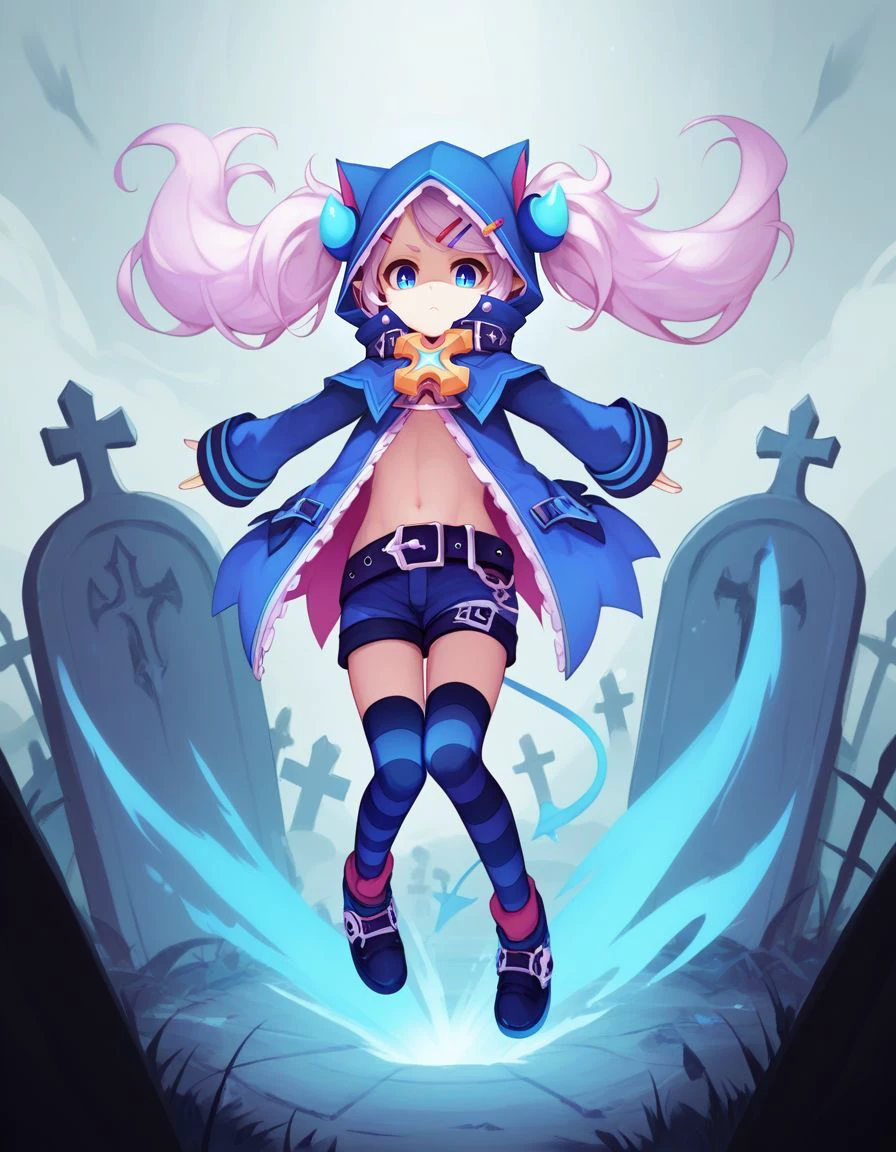 score_9,score_8_up,score_7_up, BREAK  , 1girl, solo,   <lora:Luciela-Elsword_Character:1> luciela r. sourcream , Chiliarch , petite, hood ,  twintails, hairclip,   navel,  belt,  shorts,  jacket,  striped legwear, solo, hovering , floating, legs together, swirling dust on the ground , full body, in the air, in a graveyard, supernatural lighting , moonlight,