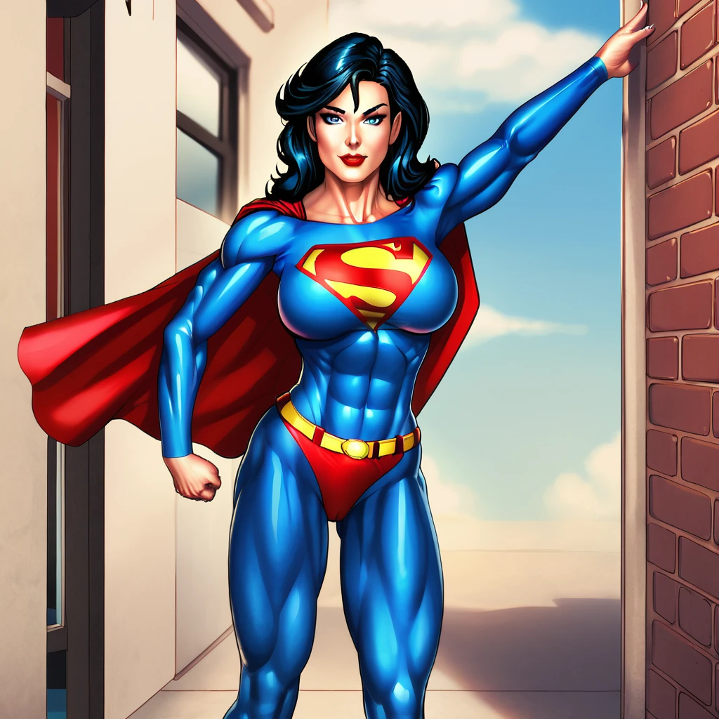 <lora:superwomanfanart_pony_v1:1>  Superwoman, 1girl, superhero, blue eyes, abs, muscular female, belt, makeup, lips, lipstick, leotard, toned, black long hair, red cape, large breasts, blue bodysuit, skin tight, nail polish