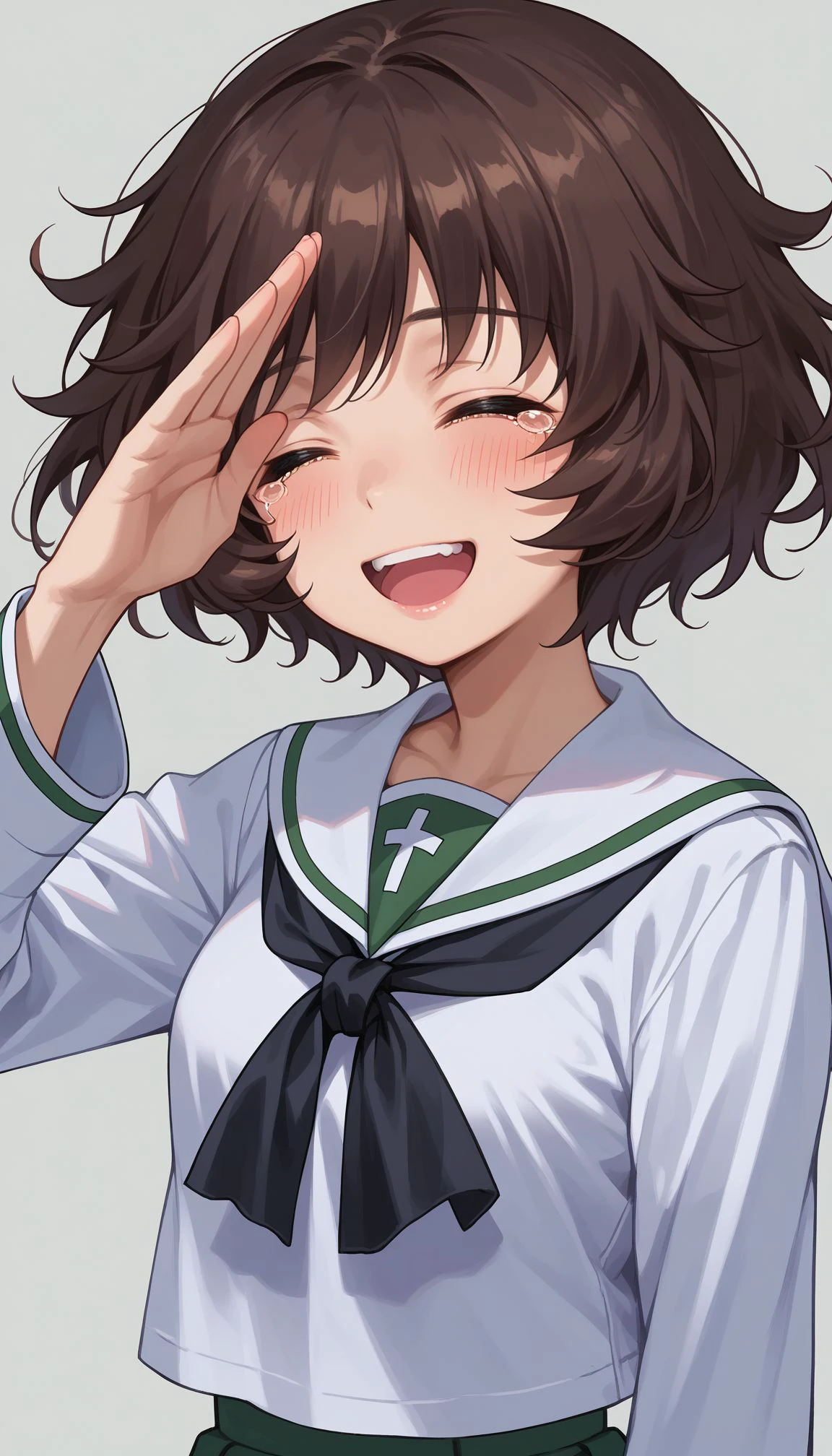 score_9, score_8_up, score_7_up, source_anime,
 <lora:Akiyama:0.9> 1girl, akiyama yukari, ooarai school uniform, brown hair, smile, salute, serafuku, open mouth, short hair, closed eyes, blush, tears, upper body, long sleeves, messy hair, character name, white shirt, blouse, bangs, :d, black neckerchief, facing viewer, sailor collar