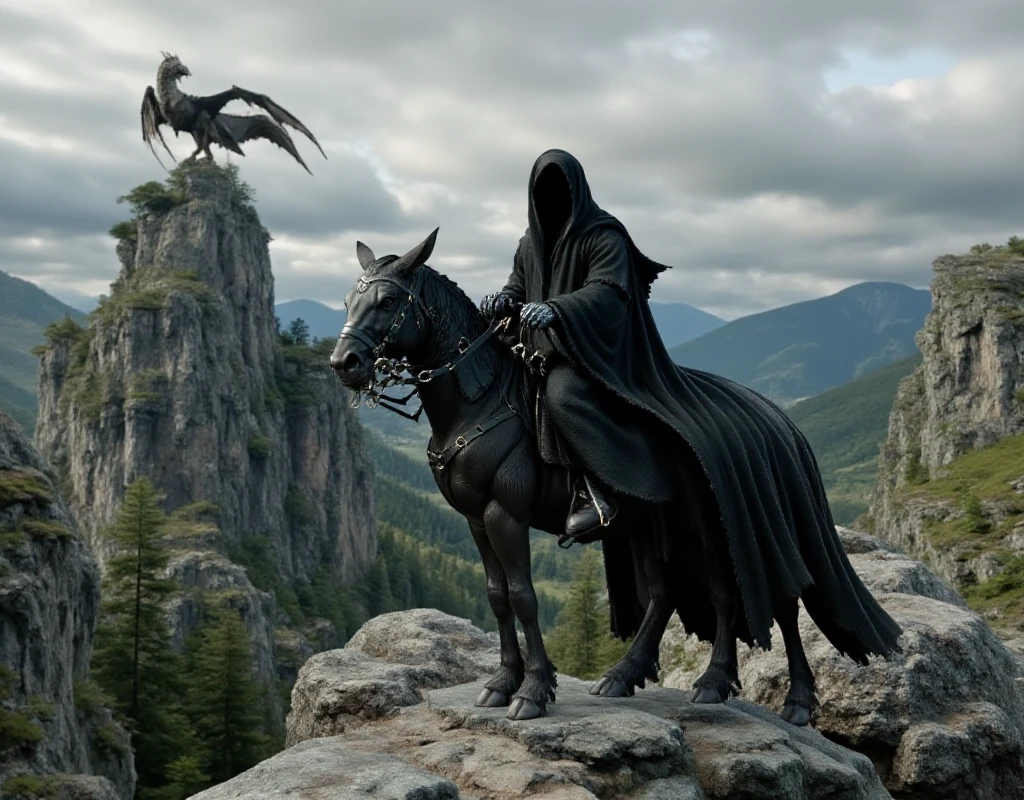 Nazgûl  wearing a cloak, is riding a small donkey, in front of a castle, a  dragon in the background<lora:Nazgûl:0.9>