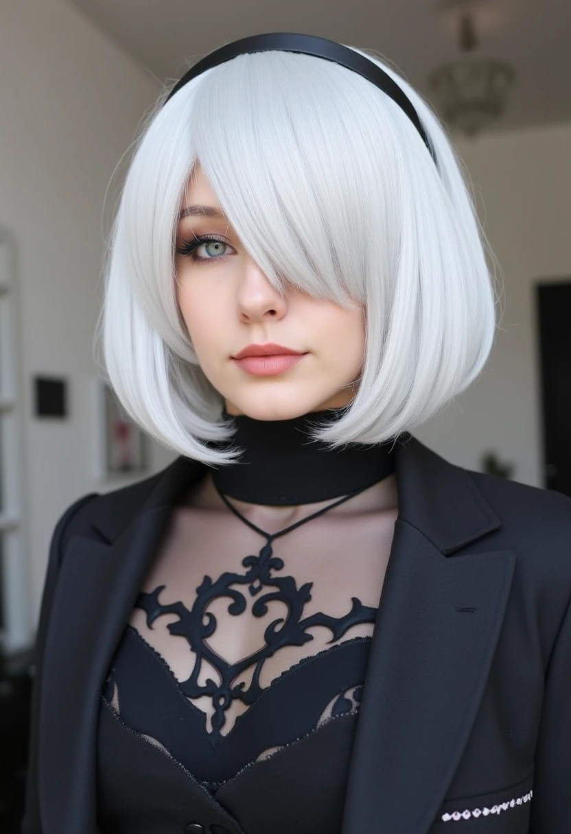 realistic photo, 2B yorha, platinum bob,

