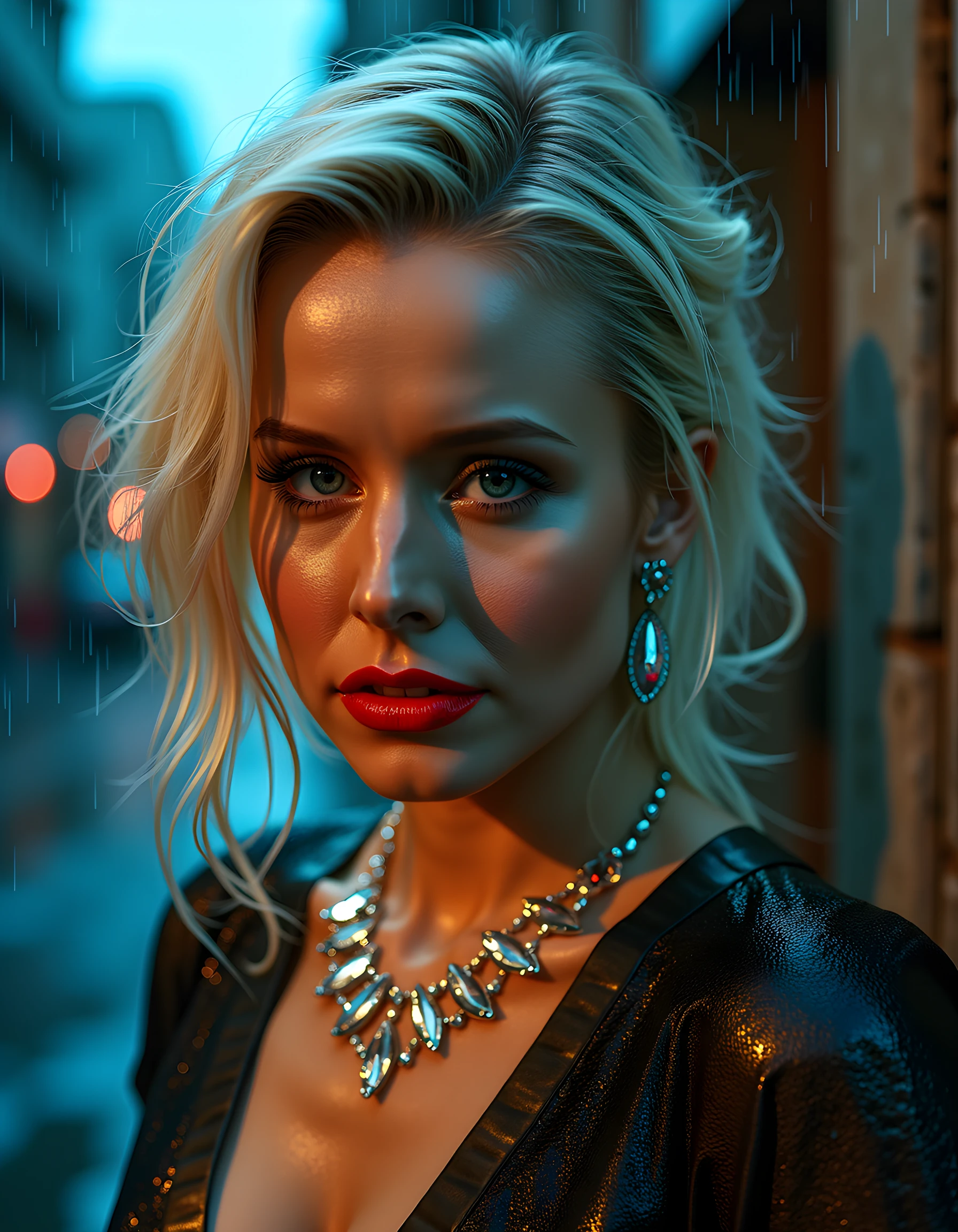 In a gritty, neo-noir setting, the close-up image captures KR15T3NB, a striking woman with platinum blonde hair cascading down her back, her blue eyes piercing and intense, adorned in an extravagant, glittering jewelry ensemble that shimmers under the dim, smoky light of a rain-soaked alleyway. Her red lips are parted slightly as she gazes directly at the viewer with a hint of seductive curiosity, her perfect white teeth gleaming just enough to contrast the darkness surrounding her. The camera angle is low and angled, emphasizing her heightened sense of vulnerability and allure, while the rain droplets clinging to her lashes add an element of ethereal beauty to the otherwise ominous scene.