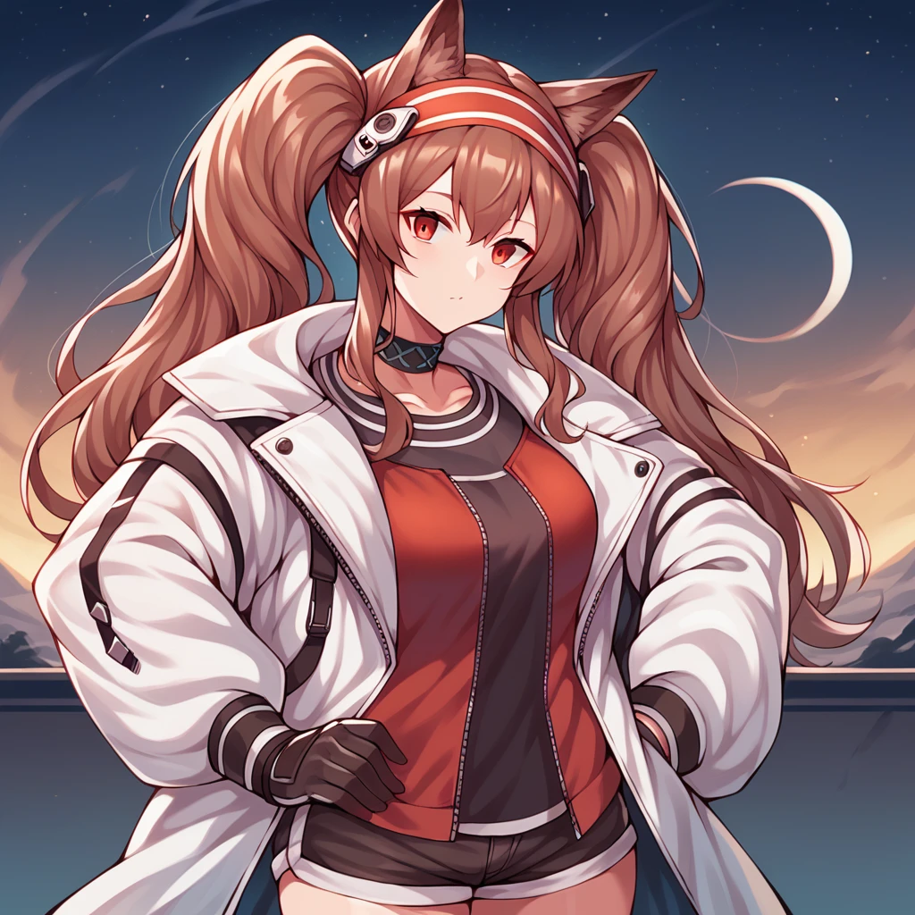 score_9_up, score_8_up, score_7_up, source_anime, 1girl, solo, AngelinaArk, Ang_Def, moon light, starry sky, night sky, standing, looking at you, hand on hip, angelina (arknights), choker, fox ears, brown hair, twintails, long hair, red eyes, hairband, bomber jacket, black shorts, short shorts, black shirt, red jacket, white coat, coat, long sleeves, white sleeves, black gloves, mature body, dynamic cowboy shot, outdoors, sky clouds background