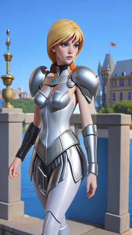 close-up, a woman as a Knight, action figure style, ((in front of a magnificent castle)), professional photograph, masterpiece, best quality, 8K, 16K, UHD, photorealistic, solo