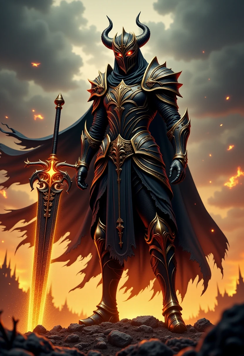 <lora:Dark_Knights_Flux-000001:1> a menacing and fearsome image of a male flux_dk, in ornate black and gold armor standing on a desolate battlefield, holding a fiery sword