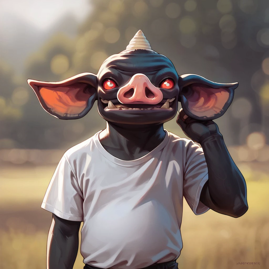 (((detailed, beautiful, high quality))), score_9, score_8_up, score_7_up, upper body,
bokoblin, big ears, big eyes, horn,
1male, black skin, red eyes, white T-shirt, black pants,
rustic background, looking at the viewer, posing, blurred background,