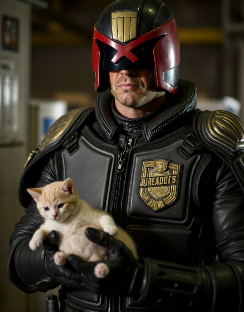 Dredd, a man wears a helmet and a uniform. He hold a kitten <lora:Dredd:0.9>