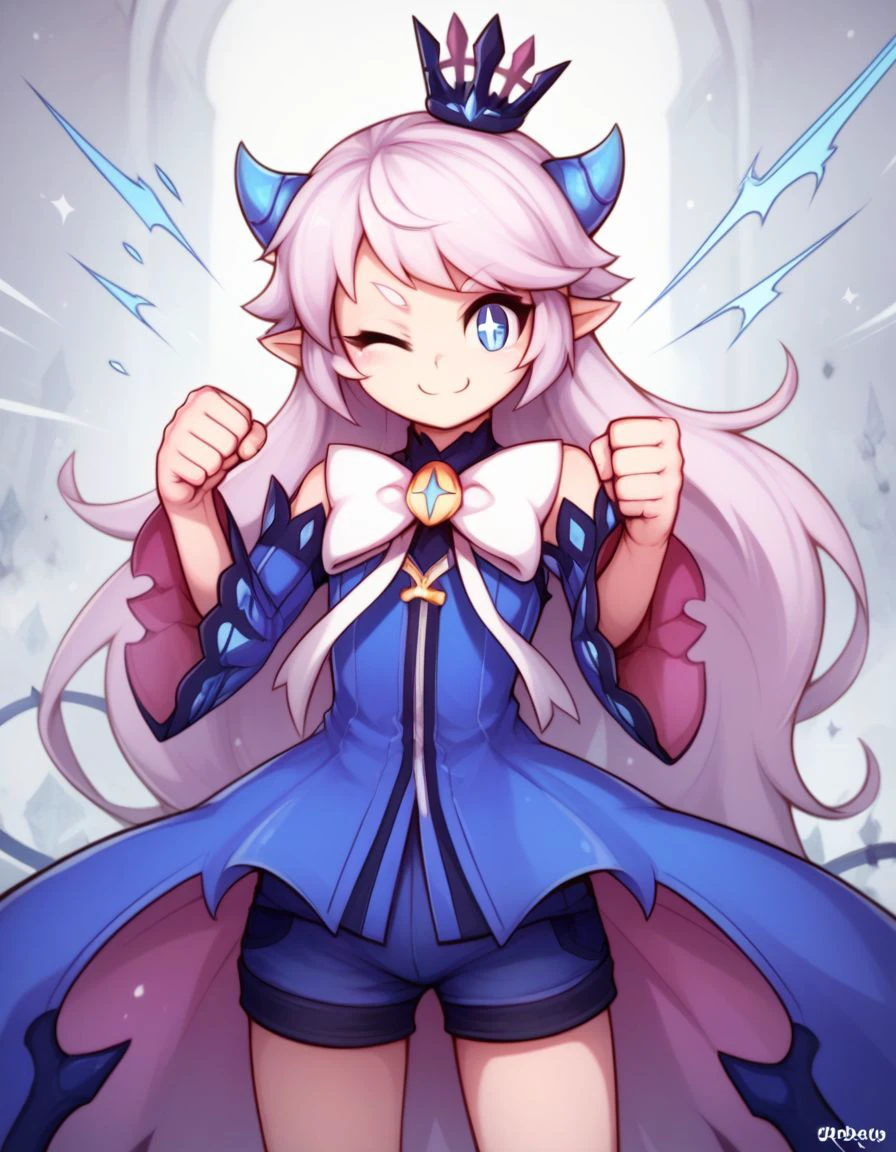 score_9,score_8_up,score_7_up, BREAK  ,qoyhjs,  1girl, solo,   <lora:Luciela-Elsword_Character:1> luciela r. sourcream , petite,  cone horns, small horns,  mini crown,blue dress,   white bow,  detached sleeves, shorts, long hair,  solo , clenched hands fighting stance, standing, fantasy, cute smile,  in a  demonic castle , one eye closed,