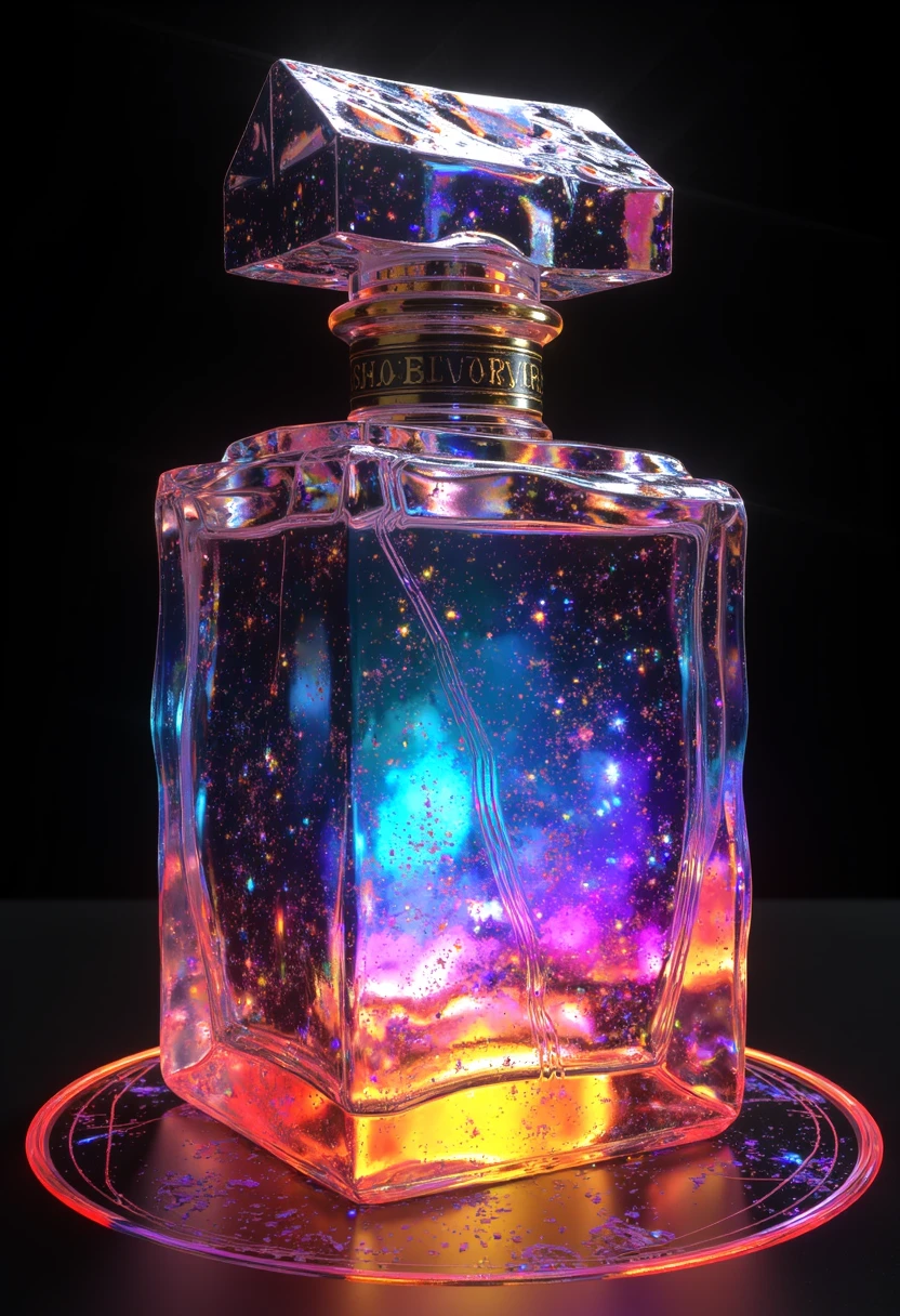 laser style,A bottle of perfume, with stars in it and magic circle underneath