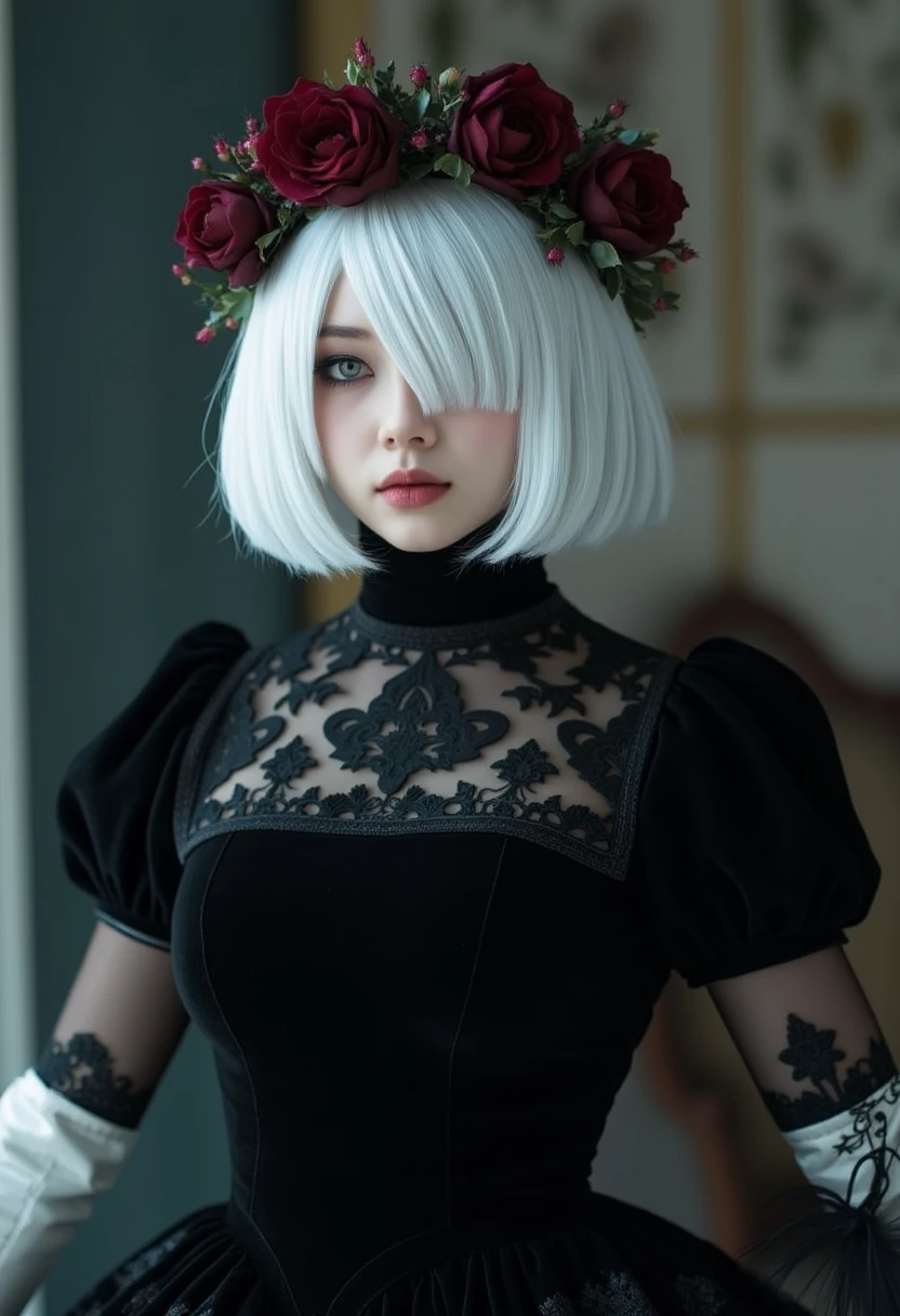  2B yorha, platinum bob,

cinematic photo anime artwork anime artwork cinematic photo Gothic style. Hyperrealistic art a woman in a black dress and a flower crown, japanese gothic, takato yamamoto aesthetic, by Rysei Kishida, by Otake Chikuha, eiko ishioka, serge lutens, by Yuko Tatsushima, hana yata, by Yuki Ogura, natalie shau, by Kan Sanraku . Extremely high-resolution details, photographic, realism pushed to extreme, fine texture, incredibly lifelike . 35mm photograph, film, bokeh, 