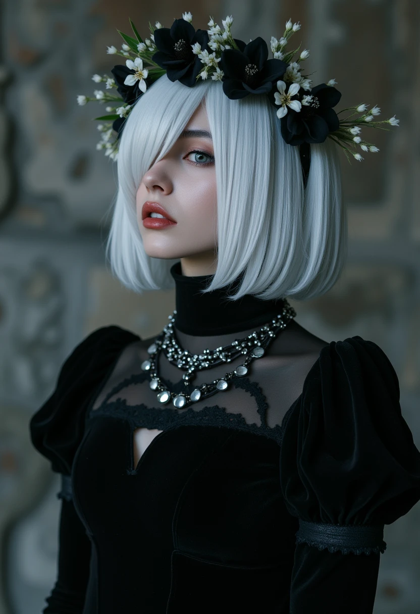  2B yorha, platinum bob,

cinematic photo anime artwork anime artwork cinematic photo Gothic style. Hyperrealistic art a woman in a black dress and a flower crown, japanese gothic, takato yamamoto aesthetic, by Rysei Kishida, by Otake Chikuha, eiko ishioka, serge lutens, by Yuko Tatsushima, hana yata, by Yuki Ogura, natalie shau, by Kan Sanraku . Extremely high-resolution details, photographic, realism pushed to extreme, fine texture, incredibly lifelike . 35mm photograph, film, bokeh, 