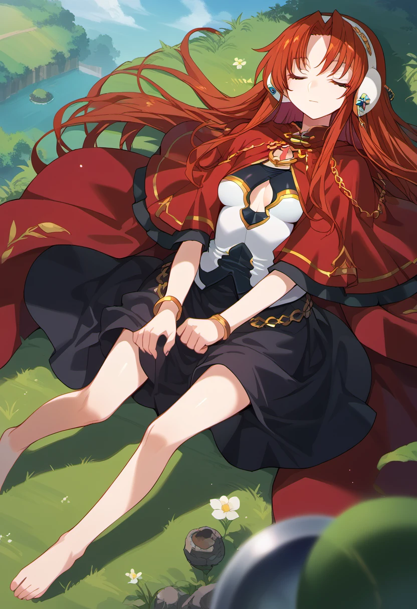 score_9, score_8_up, score_7_up, source anime, willis fujisaki, 1girl, solo, long hair, red hair, closed eyes, jewelry, skirt, bracelet, red capelet, medium breasts, earmuffs, very long hair, cleavage cutout, clothing cutout, barefoot, lying on grasslands, grasslands, sky from above, <lora:willis_fujisaki-xl-pony-v1:1>,