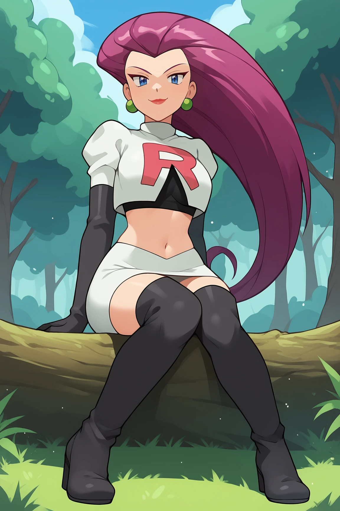 score_9, score_8_up, score_7_up, score_6_up, BREAK, JessiePXL, blue eyes, purple hair, long hair, hair slicked back, earrings, medium breasts, team rocket uniform, white crop top, elbow gloves, black gloves, white skirt, black thigh boots, solo, full body, sitting, bellow view, seductive smile, looking at viewer, forest <lora:JessiePXL:1>