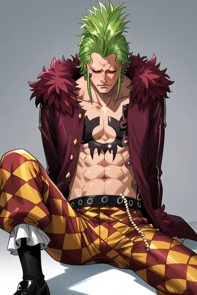 score_9, score_8_up, score_7_up, source_anime, rating_explicit, gradient, dramatic natural lighting, 1stmale focus, sitting, BartolomeoOP, green_Bartolomeo_male hair, closed eyes, closed mouth, dark red-white_Bartolomeo_fur-trimmed open coat, black_Bartolomeo_chest tattoo, black-grey_Bartolomeo_belt, gold_Bartolomeo_waist accessory beads, yellow-red-white_Bartolomeo_checkered puffy pants, black_Bartolomeo_shoes, legs apart, 1stboy, intricately detailed illustration