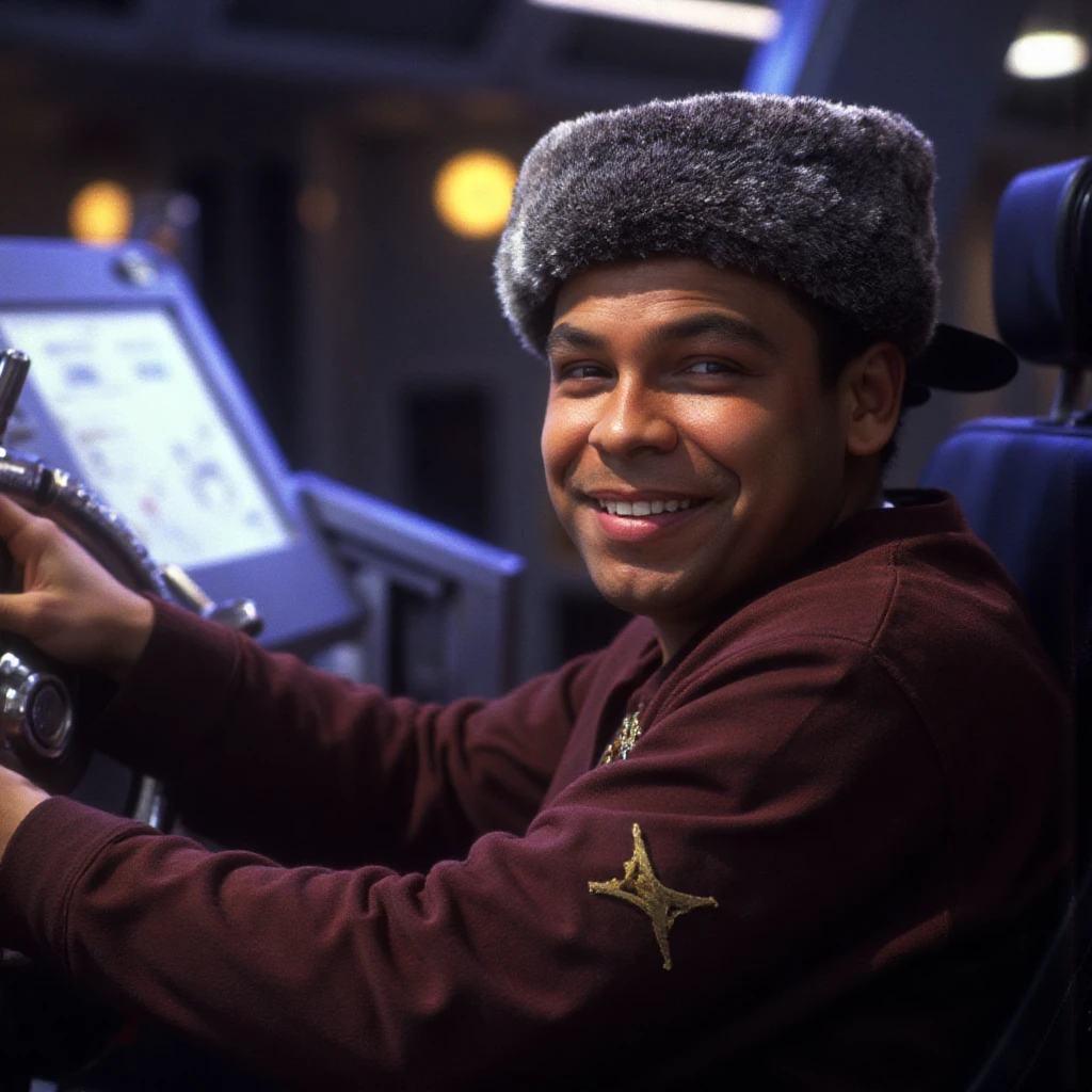 dave lister at the helm of a space ship, he's grinning, wearing a hat, portrait