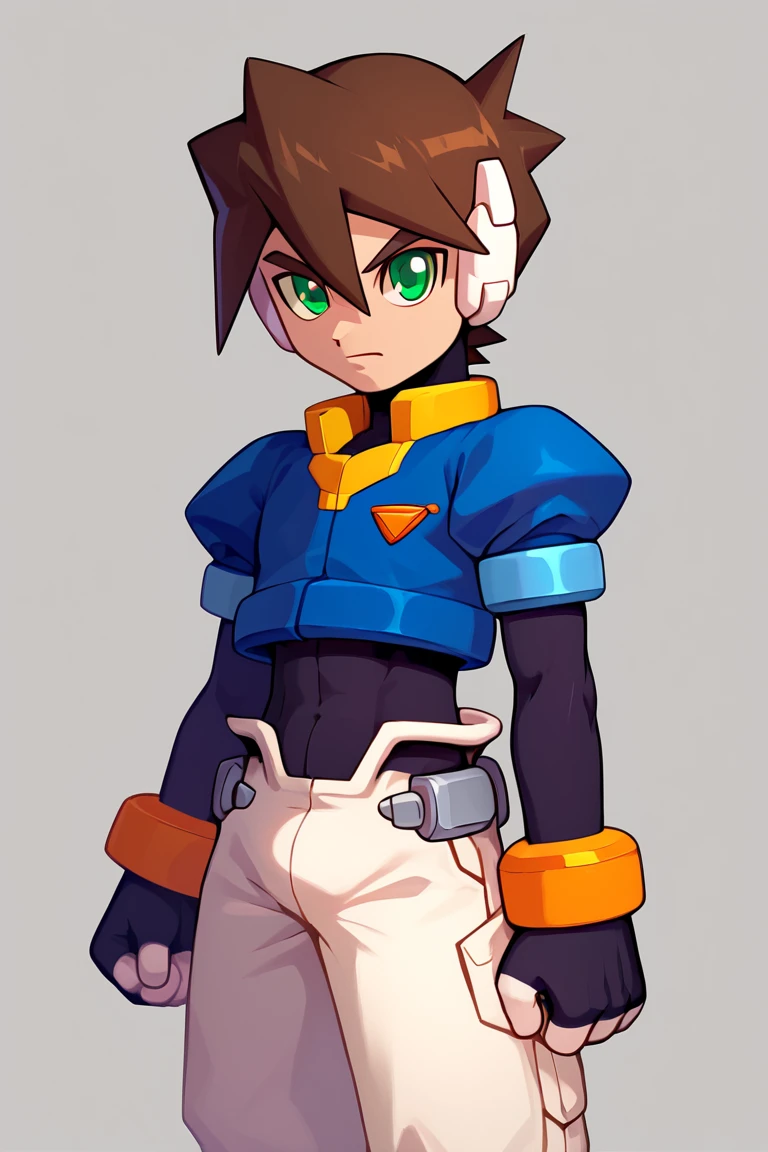 zPDXL2,model x \(mega man\),vent \(mega man\),1boy,solo,male focus,biometal,black bodysuit,blue jacket,bodysuit,bodysuit under clothes,brown hair,clenched hand,green eyes,cropped jacket,holding,holding biometal,bracelet,jacket,looking at viewer,robot ears,pants,white pants,fingerless gloves,gloves,(child:0.5),<lora:vent_Grey:1>,