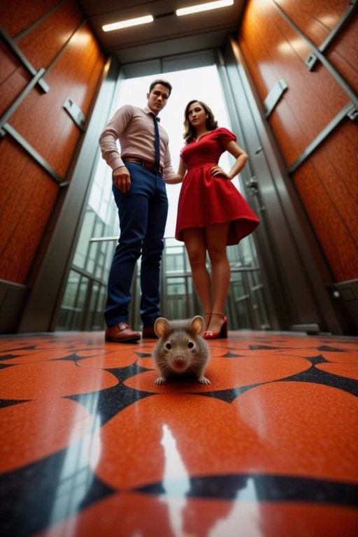 (extreme close-up of a mouse:1.3) on the floor of a disco lift, a couple standing and looking scared at the mouse, 1950s pinup style, colorful, saturated, SFW
<lora:LowAngleViewFLUX-000001:1.4>