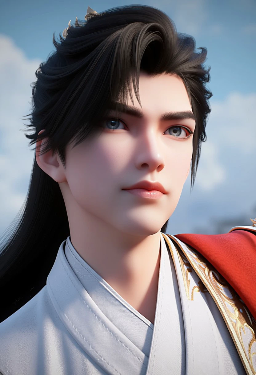 The image is a highly detailed CGI rendering of a young man shihao with a striking, almost ethereal appearance. He has fair skin and a delicate, almost translucent complexion. His facial features are finely chiseled, with high cheekbones, a narrow nose, and full, slightly parted lips. His dark, straight hair is styled in a dramatic, voluminous manner, cascading over his shoulders and framing his face. The hair is meticulously detailed with individual strands that appear realistic and glossy.
The man's eyes are large and almond-shaped, with a soft, blue hue that conveys a sense of calmness and depth. His expression is neutral, with a hint of a subtle, almost wistful sly smile. He is dressed in traditional Chinese attire, specifically a high-collared, white garment adorned with intricate golden embroidery. Over his shoulders, a red sash is visible, adding a splash of color to the image.
The background is a gradient of soft, muted blues, suggesting a serene sky or a distant landscape. The lighting is natural, casting soft shadows that accentuate the man's features and clothing textures. The overall mood of the image is serene and contemplative, capturing the essence of traditional Chinese aesthetics in a modern digital medium.