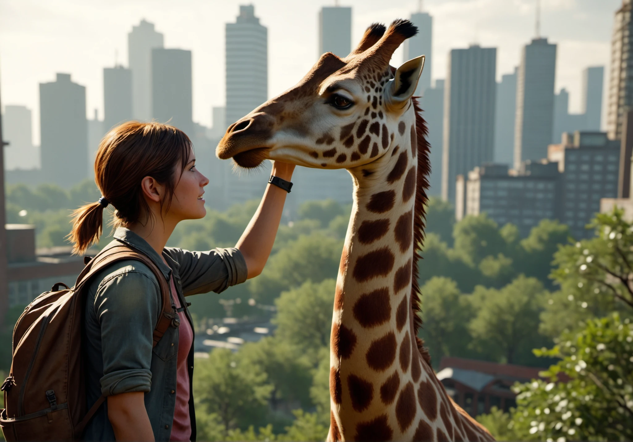 Photorealistic Image A touching scene in a post-apocalyptic urban environment, Ellie from the last of us is standing on a building so only the upper part of the girraffe is vissible, Ellie has medium-length, slightly messy auburn hair tied into a ponytail, and wears a faded maroon t-shirt with a worn-out jacket, along with a practical backpack on her back. Her youthful face shows awe and wonder as she gazes at the giraffe. The city in the background is overgrown with plants and has tall modern buildings, some covered in greenery. Ellie is happy, leaning in to petting the head of the giraffe,her hand is raised to pet the geiraffe, The giraffe leans down toward Ellie, creating a peaceful and emotional connection between humans and nature. The lighting is soft, and the atmosphere is serene with nature reclaiming the cityscape. HDR, high res highly detailed