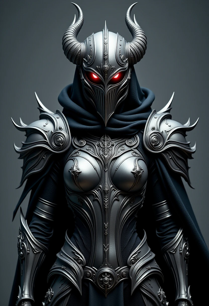 <lora:Dark_Knights_Flux-000001:1> a menacing and fearsome portrait of a flux_dk, in ornate silver and black armor