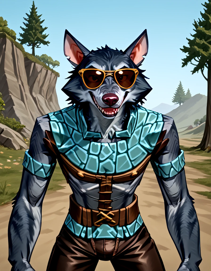 source_furry,  <lora:Blackburrow_Gnoll_-_Everquest_-_1999:0.8> Blackburrow_gnoll, pointy ears, hunched over, happy, smiling, fists, sharp teeth, long snout, dark gray fur, tattered clothes, patchwork_chest_armor, arm bands, portrait, turned, sunglasses,, source_cartoon, score_9, score_8_up, score_7_up,