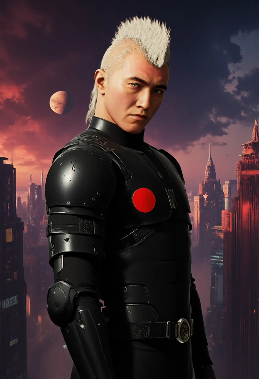 civitametapunk, portrait shot from side, detailed face of a horrifying  black knight all dressed in black armor, he has a spiky design or mohawk on the top of his head and the sides of his hairstyle is short and neat, blonde hair, light skin, obsidian black armor, looking at viewer with angry expression , holding a glowing ghostly scythe, menacing, atmospheric haze, a cyberpunk metropolis on background , MythP0rt <lora:artilands:0.8>, Leather Brown hue and vibrant Midnight red tint , cyberpunk, anime, perfection style