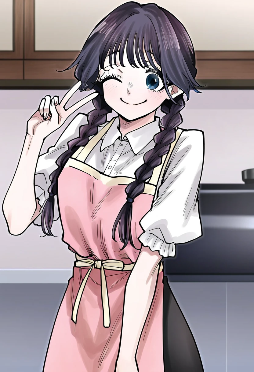 waguri kaoruko, closed mouth, one eye closed, apron, twin braids, looking at viewer, puffy short sleeves, skirt, indoors, smile, happy, <lora:Character_Waguri Kaoruko:1>