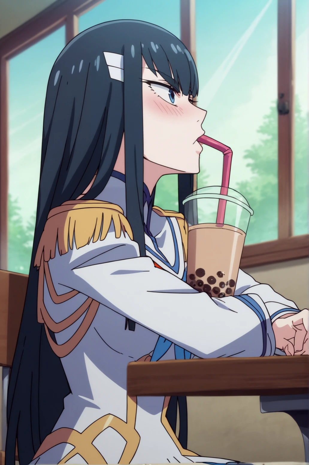 score_9, score_8_up, score_7_up,anime_source, source_anime, best background, detailed background, anime screencap,  Satsuki Kiryuin, Main Outfit, indoors, blush, dynamic angle, dynamic pose, drinking, outdoors, bubble tea, <lora:JN_Satsuki_Kiryuin:0.8>