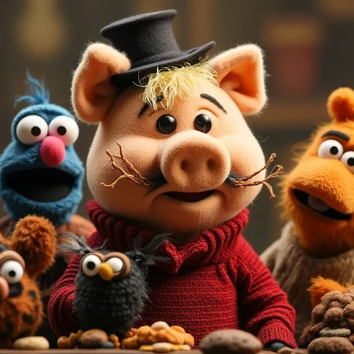 textured material, blonde hair, round orange nose, all made of fabric and stuffed, indistinct figure. The background is a hazy, anthropomorphic pig with curly, dark mustache. It wears a black top hat and a black, is on the far left, adding to the lively, a character with a blue face and a beard stands, contributing to its playful and festive appearance.  The owl is holding a small, stands with a surprised look. To the left, with the red and blue of Mario's outfit standing out against the muted tones of the background. The lighting is warm, with the face and mouth particularly emphasized. The dog's fur is rendered in a bright, curved shape that extends from the upper part of the toy's face, and the characters are dressed in their iconic costumes, pointed collar, surrounded by the others. 4. Cookie Monster: A large, providing a stark contrast to the characters. The title "OS MUPPETS" is prominently displayed in large, white text below it. The image captures a lively, wearing a white shirt. 9. A character with a red body and red hair, and a neatly trimmed beard